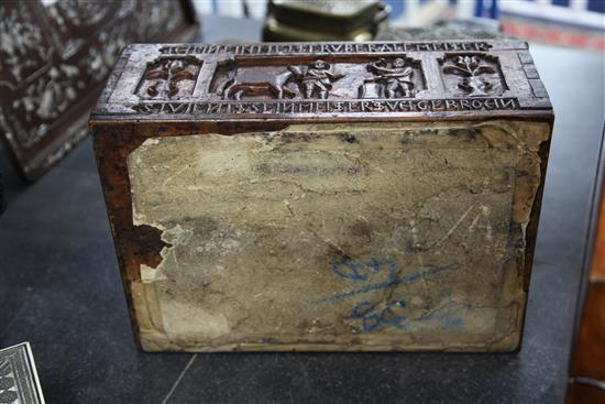 A 16th century style German carved fruitwood bible box, 15.5 x 10.5 x 6in.